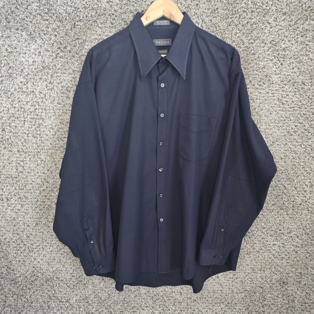 Van Heusen Dress Shirt Mens 17-17.5 Blue Microfiber Button Up Career Long Sleeve